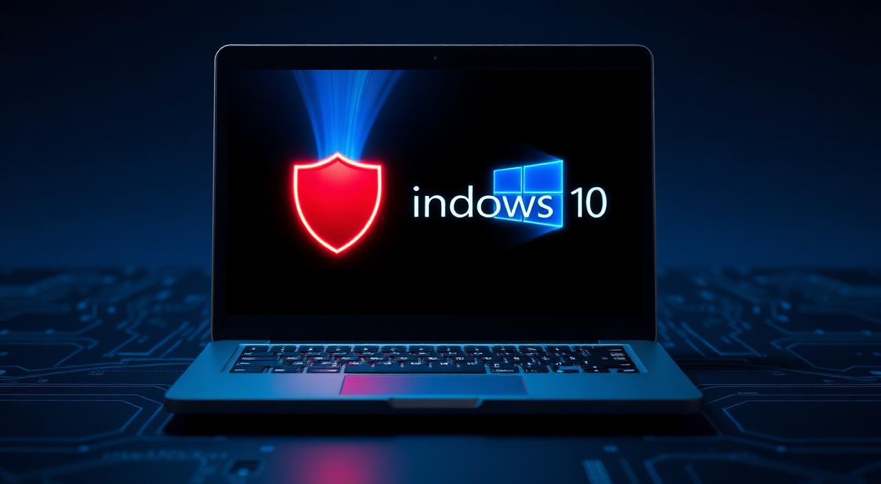 PC portable affichant Windows 10 avec un bouclier rouge d'alerte et un hologramme bleu Windows 11 émergeant de l'écran